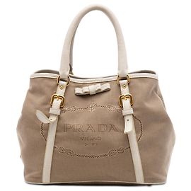 Bolsa Satchel Prada em lona Canapa bege com logo e laço Bege