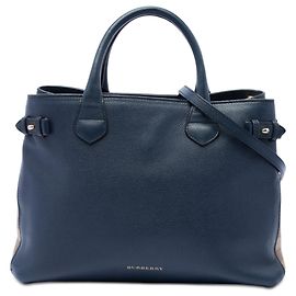 Borsa Satchel Banner Burberry in pelle blu e House Check, taglia Medium Blu Blu navy
