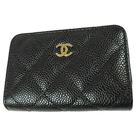 Chanel Black CC Quilted Caviar Zip Around Coin Purse Black
