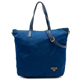 Borsa Tote Convertibile Prada in Tessuto Blu con Chiusura a Zip Blu