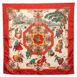 Hermès Pañuelo Hermes Carre 90 Winter Pleasures Roja Multicolor