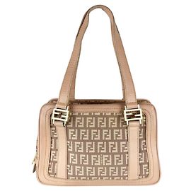 Fendi Zucchino Canvas Leather Handbag Pink Beige