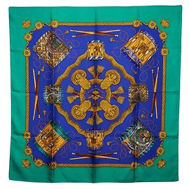 Hermès Lenço Hermes Carre 90 LES TAMBOURS Azul Multicor Verde