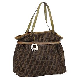 FENDI Zucca Canvas Tote Bag Nylon Brown Black Auth 197800 Brown Black