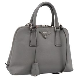 PRADA Handtasche Saffiano 2way Grau Silber Auth 198967A Braun Silber