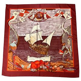 Hermès Pañuelo de seda twill Hermes Burgundy Multi Christophe Colomb Decouvre l’Amerique Burdeos