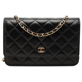Borsa a tracolla Chanel CC matelassé in pelle di agnello nera Wallet On Chain Nero