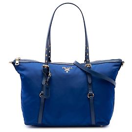 Bolsa Tote Conversível com Fecho de Zíper Prada em Tessuto com Acabamento em Saffiano Azul Azul