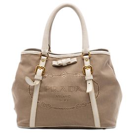 Bolsa Satchel Prada em lona Canapa bege com logo e laço Bege