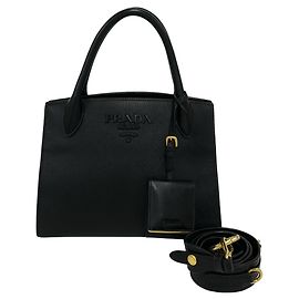 Prada Monochrome Logo Hardware Saffiano Leather Handbag Black