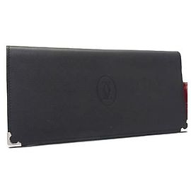 Cartier Cabochon Black Leather Long Wallet Black