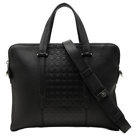Salvatore Ferragamo Ferragamo Black Gancini Embossed Leather Trimmed Business Bag Black