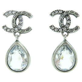 Orecchini Chanel Silver CC Brass Strass Teardrop Drop Push Back Argento