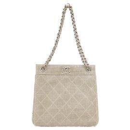 Chanel Beige Linen Handbag Silver Hardware Beige