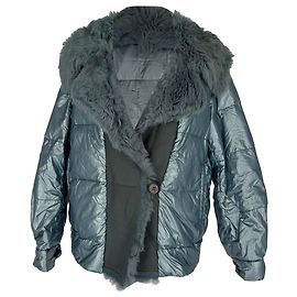 Casaco de Penas Prada com Capuz de Pele Sintética em Nylon Azul Claro Azul Azul claro