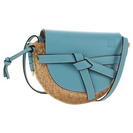 LOEWE Gate Bag Schultertasche Raffia Hellblau Gold Andere
