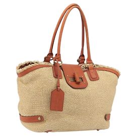 Saco Tote BURBERRY Blue Label Palha Couro Bege Dourado Auth 196608 Bege Dourado