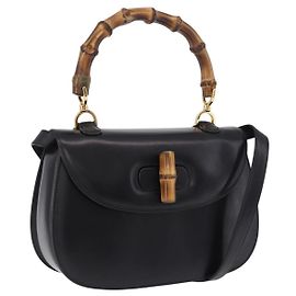 Bolsa de mão GUCCI Bamboo em couro 2way Preta Dourada 000 46 0633 Auth am12260SAV Preto Dourado