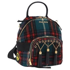 Miu Miu Backpack Wool Leather Red Green Gold Auth 196641M Red Golden Green