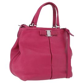 Salvatore Ferragamo Vara Ribbon Handtasche Leder 2way Rosa Silber Auth BA15273 Silber Pink