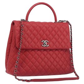 Borsa a catena CHANEL Matelasse Coco Handle in pelle Caviar 2 vie Rossa CC Auth 195900V Argento Rosso
