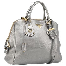 Bolsa de mão PRADA Vittero Dino Leather 2way Silver Gold Auth 197342V Prata Dourado