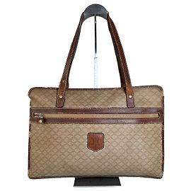 Céline Tote Vintage Celine em Lona e Couro Beige Brown Gold Bege