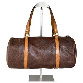 Vintage Etro Patterned Leather Boston Bag Brown Tan Brown
