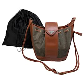 Borsa bucket Vintage Yves Saint Laurent in tela e pelle Tan Olive Cammello