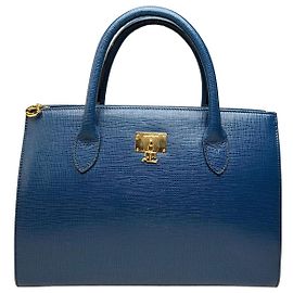 Vintage Courreges Structured Leather Handbag Blue Gold Blue