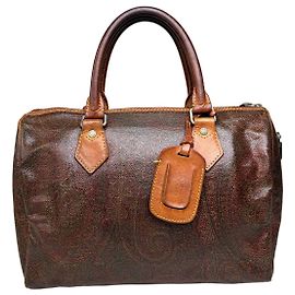 Vintage Etro Coated Leather Handbag Brown Rust Gold Red