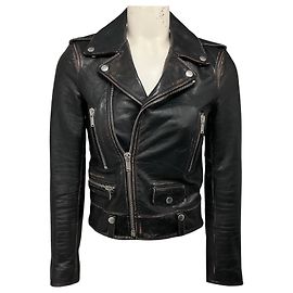 Giacca Biker Saint Laurent in pelle di vitello nera effetto distressed Nero