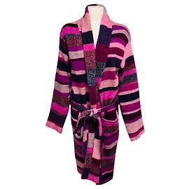 Autre Marque Le Elder Statesman Cardigan long en cachemire à rayures multicolores magenta / rose avec ceinture Multicolore