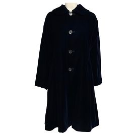 Comme des Garcons Navy Blue Button Front Mid-Length Velvet Coat Navy blue