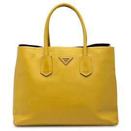 Bolsa Double Satchel Prada Medium em Couro Saffiano Amarela Amarelo