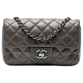 Borsa a tracolla Chanel Mini Rectangular Classic Metallic Caviar Single Flap Grigia Grigio