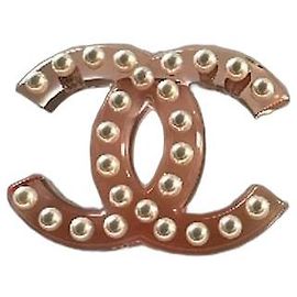 Broche Chanel CC em resina rosa e pérolas Rosa Branco