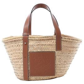 LOEWE Basket Medium Raffia x Leather Handbag in Beige x Brown Beige