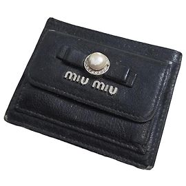 Miu Miu Black Leather Card Holder with Pearl Detail Black Silvery