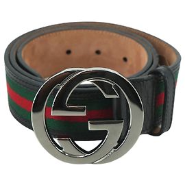 Gucci Brown Leather Belt Metal Web Interlocking GG Logo Buckle 80/32 Brown