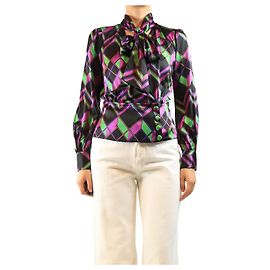 Diane Von Furstenberg Top decotado em seda roxa com estampado geométrico - size UK 8 Roxo
