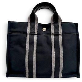 Hermès Fourre-Tout Sac à main en coton/Tote Bag Marron Noir