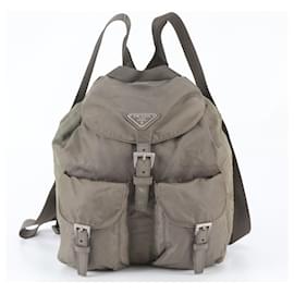 Prada Tessuto Nylon Triangle Logo Leather Backpack Green Khaki
