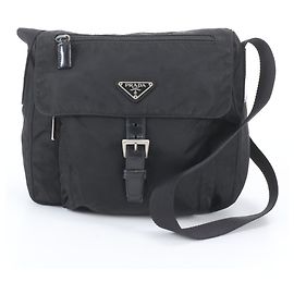 Prada Tessuto Nylon Triangle Logo Leather Shoulder Bag Black