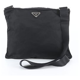 Prada Tessuto Nylon Triangle Logo Leather Shoulder Bag Black