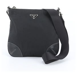 Prada Tessuto Nylon Triangle Logo Leather Shoulder Bag Black