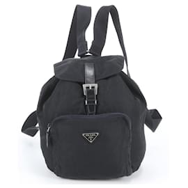 Prada Tessuto Nylon Triangle Logo Leather Backpack Black