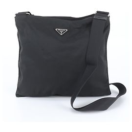 Prada Tessuto Nylon Triangle Logo Leather Shoulder Bag Black