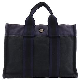 Hermès Sac Fourre Tout PM Borsa a mano in tela di cotone Nero Blu navy