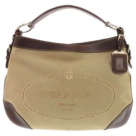 Bolsa de Ombro Prada em Lona Jacquard com Logotipo e Couro Marrom Bege